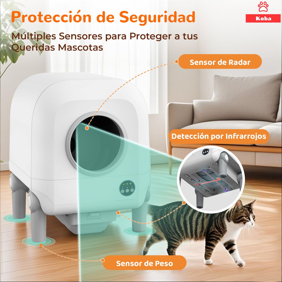 KOBA - Arenero Automatico Robot Gatos Michis Baño Sanitario Grande