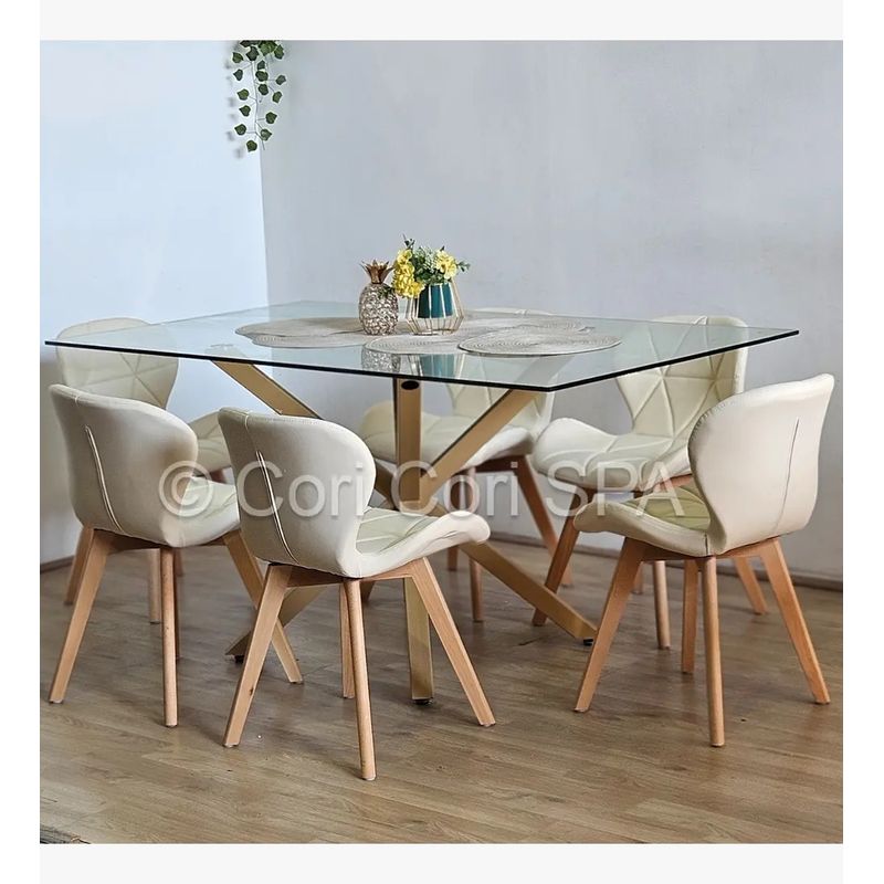 CORI CORI - Comedor Madrid 140x80cms + 6 Sillas Mariposa Ecocuero Wood Beige