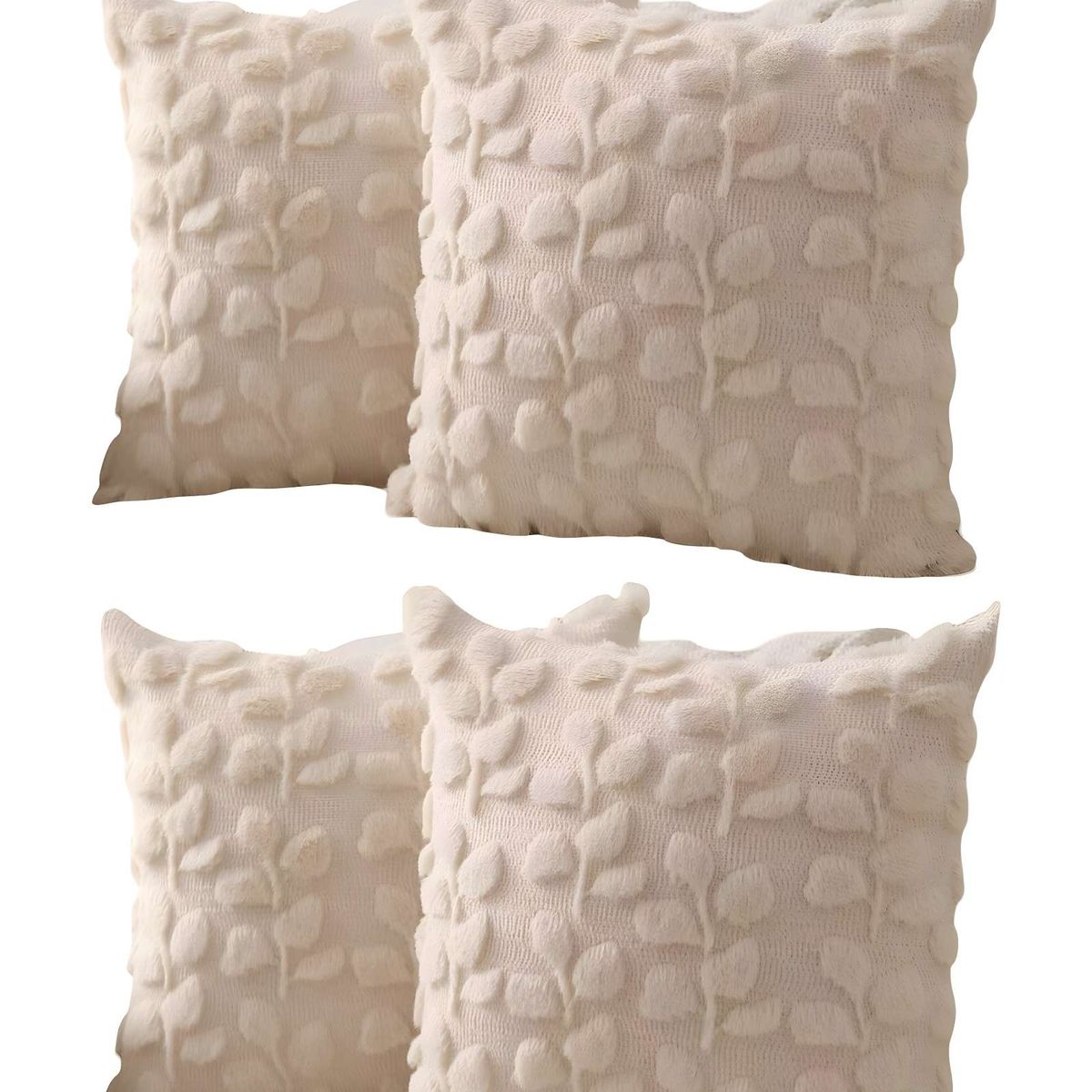 GENERICO - SET DE 4 FUNDAS PELUDA DISEÑO HOJAS BEIGE
