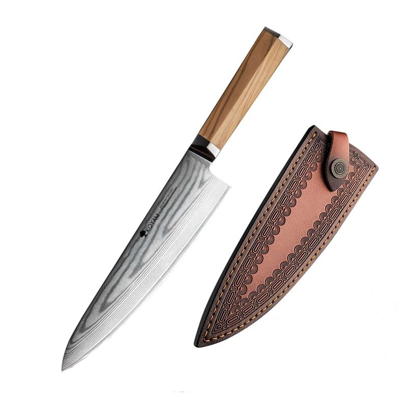 KOYAM - Cuchillo Chef 20cm Acero Damasco y Olivo Italiano c/Funda