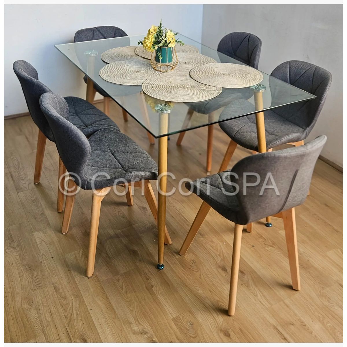 CORI CORI - Comedor Rubi 120x80cms + 6 Sillas Mariposa Lino Gris