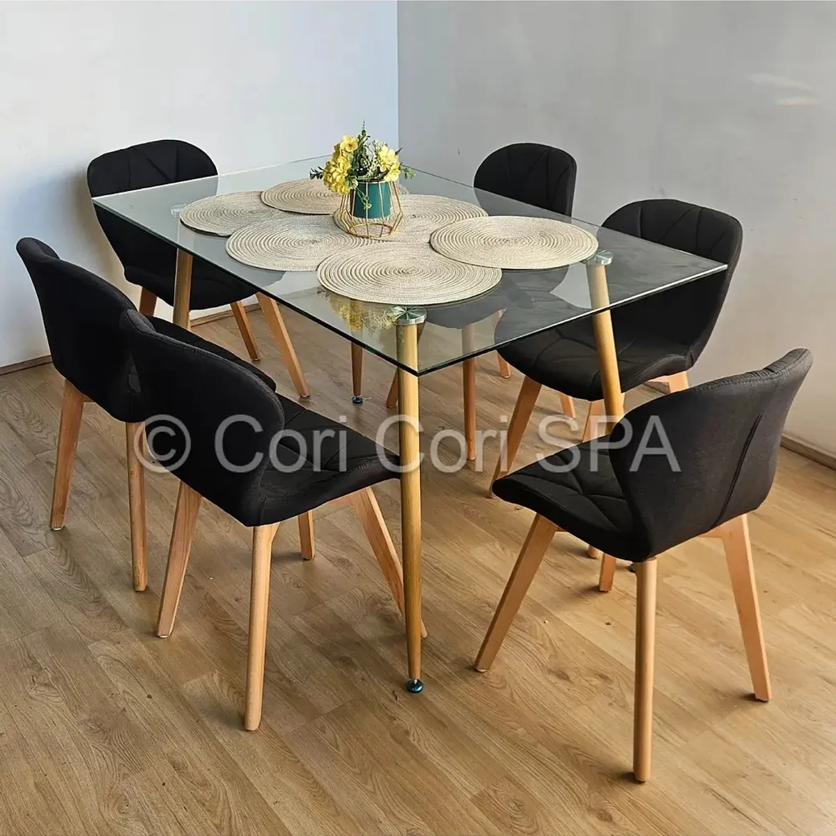 CORI CORI - Comedor Rubi 120x80cms + 6 Sillas Mariposa Lino Negro…