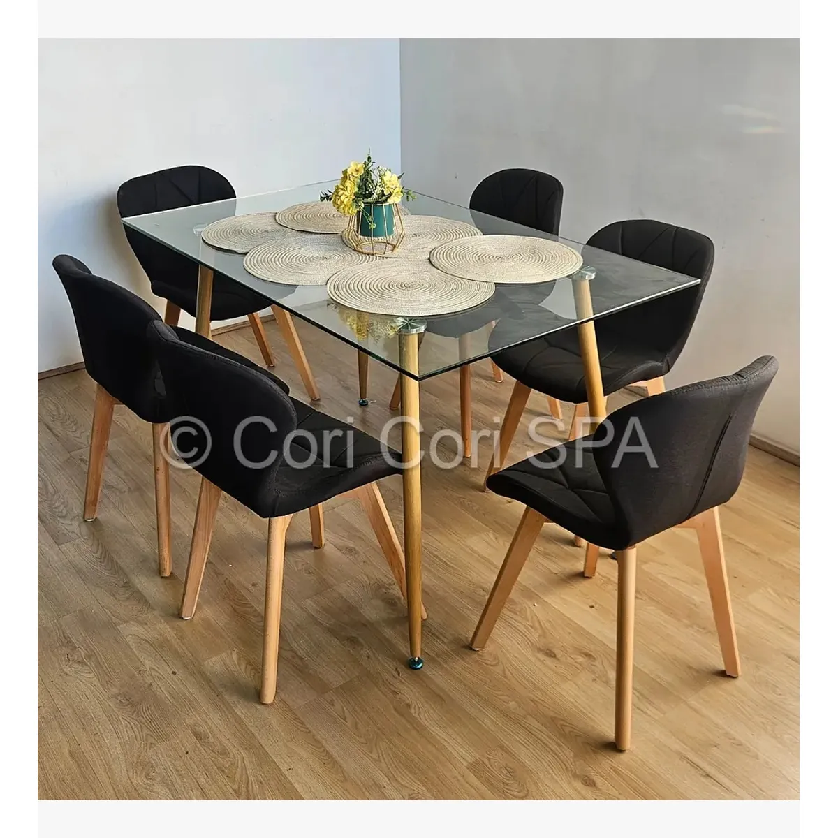CORI CORI - Comedor Rubi 120x80cms + 6 Sillas Mariposa Lino Negro…