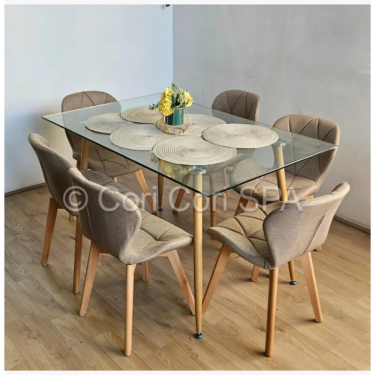CORI CORI - Comedor Rubi 120x80cms + 6 Sillas Mariposa Lino Beige