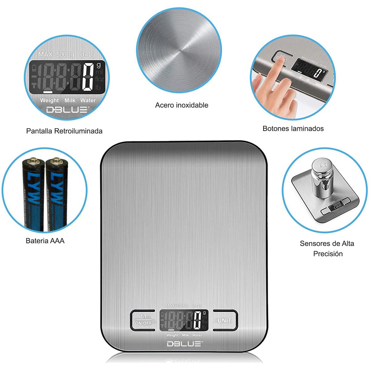 DBLUE - Pesa Gramera Cocina Digital Acero Inoxidable 5kg - Ps