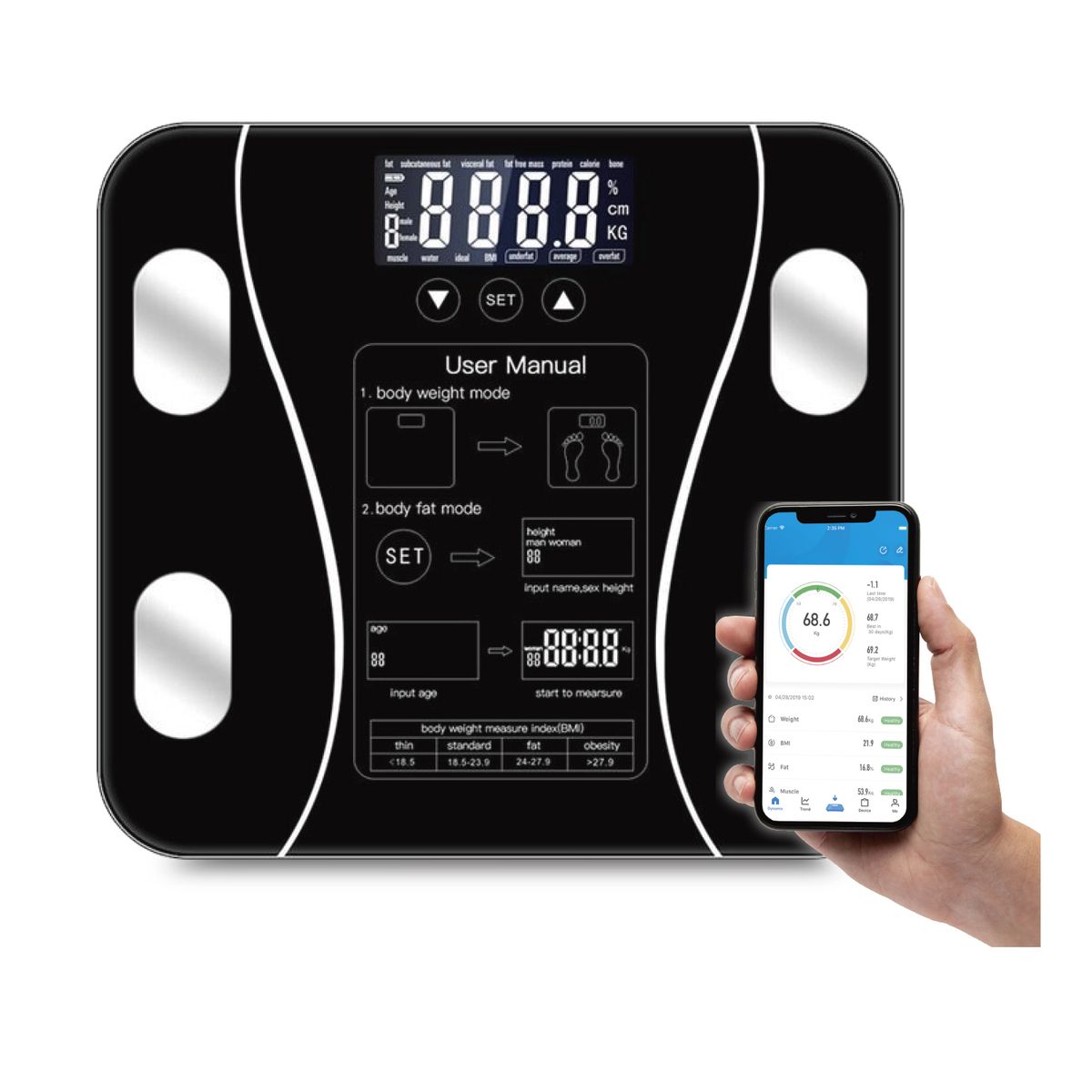 DBLUE - Pesa Digital Smart Con Bluetooth 180kg Con Medidor Imc - Ps