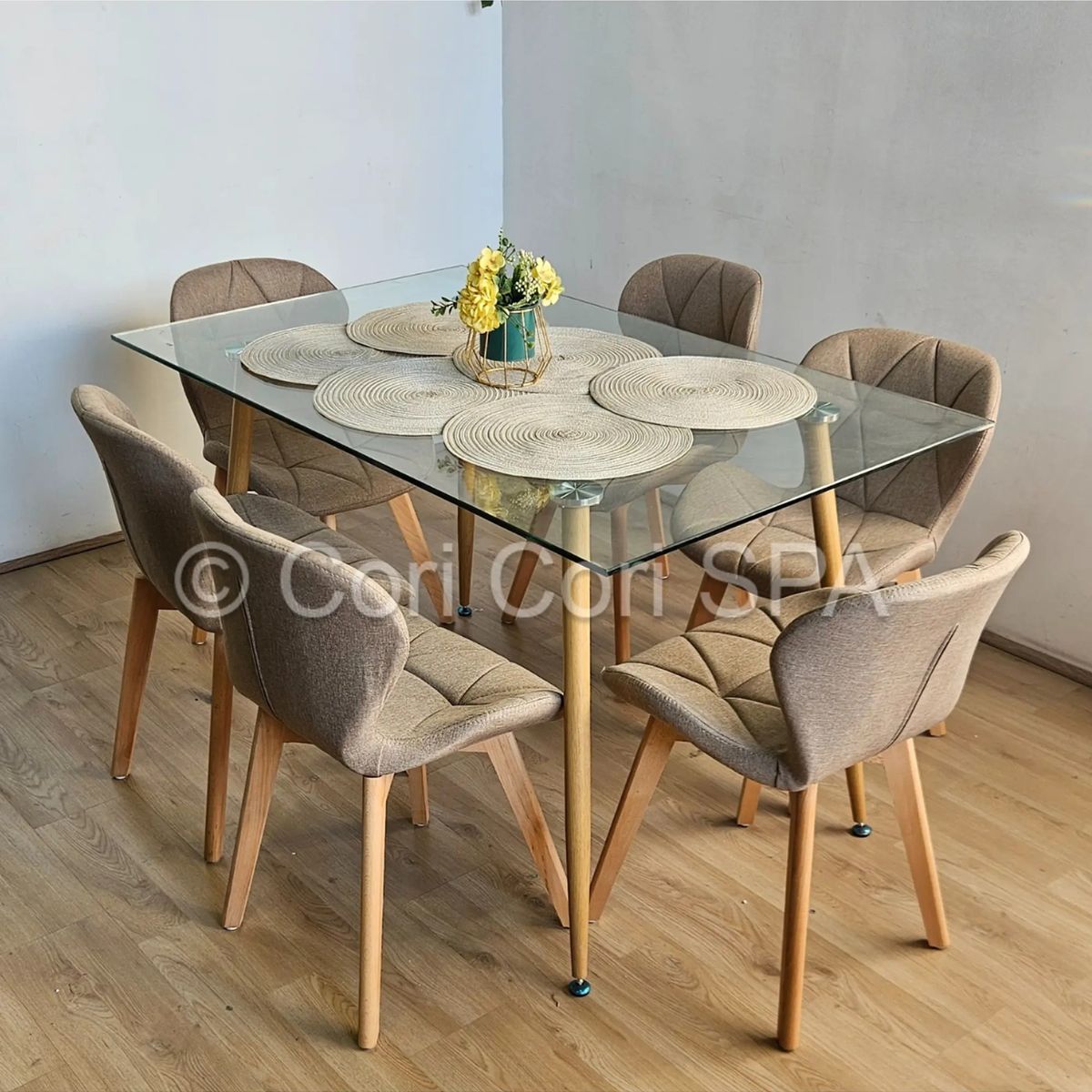 CORI CORI - Comedor Rubi 130x80cms + 6 Sillas Mariposa Lino Beige