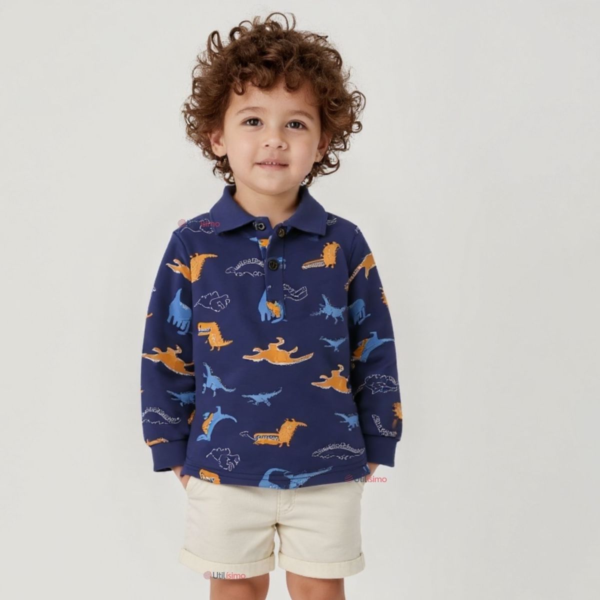 JUMP KIDS - Polera Piqué Manga Larga Niño Estampado Dinosaurios Azul