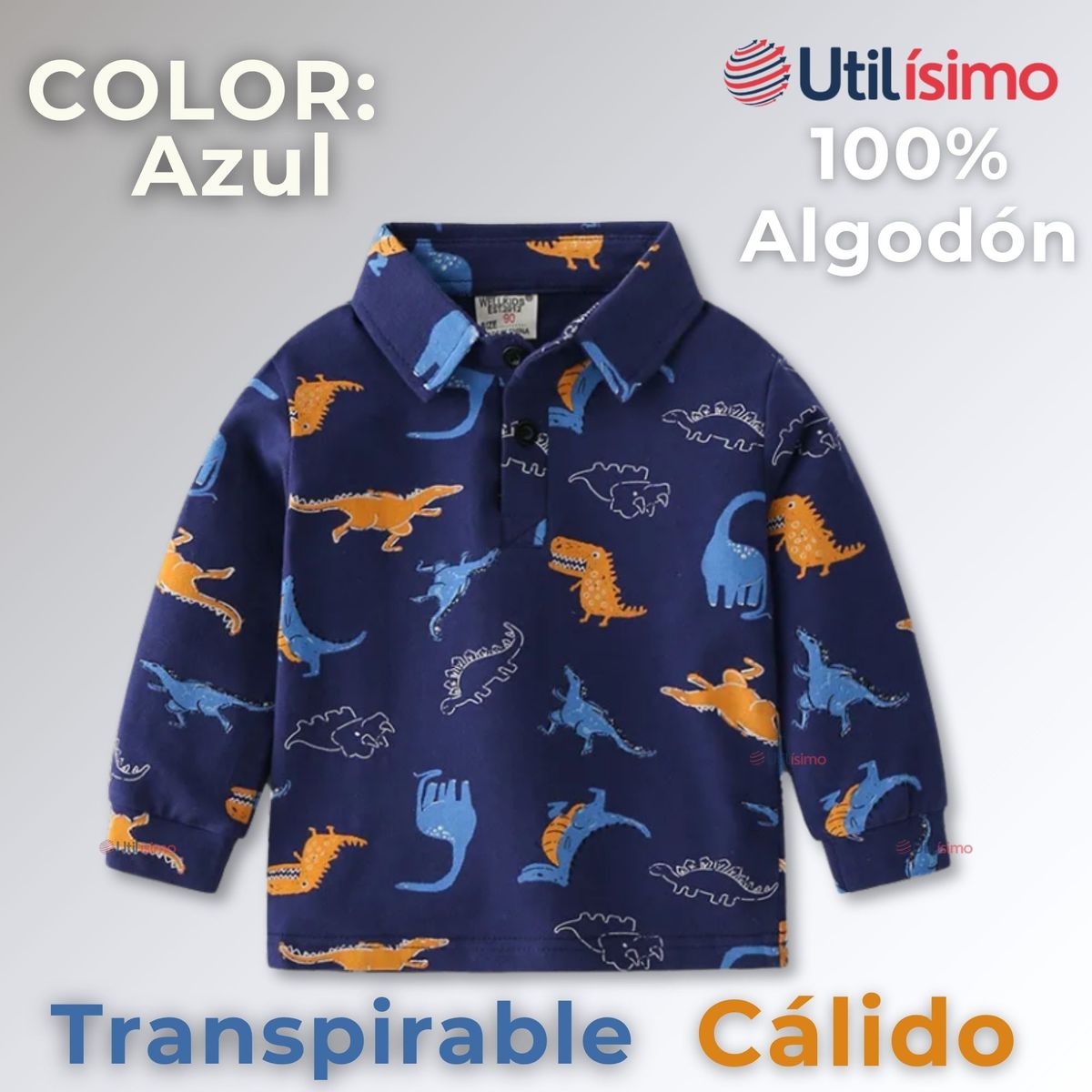 JUMP KIDS - Polera Piqué Manga Larga Niño Estampado Dinosaurios Azul