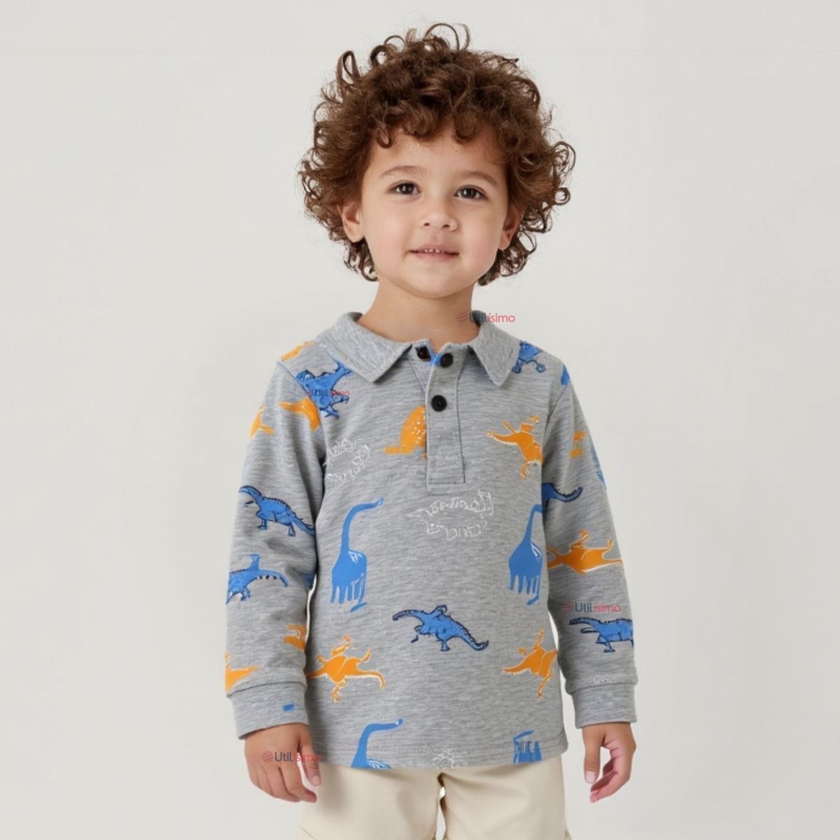 JUMP KIDS - Polera Piqué Manga Larga Niño Estampado Dinosaurios Gris