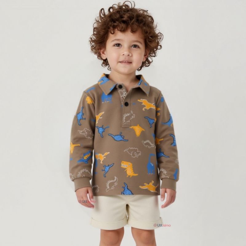 JUMP KIDS - Polera Piqué Manga Larga Niño Estampado Dinosaurios Marrón