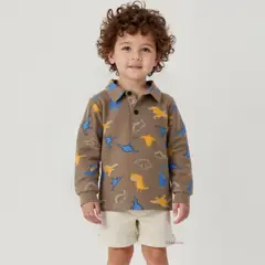 JUMP KIDS - Polera Piqué Manga Larga Niño Estampado Dinosaurios Marrón