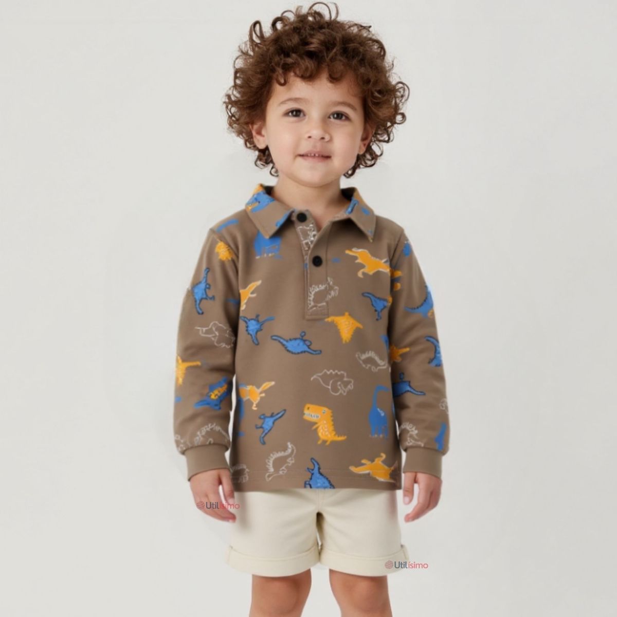 JUMP KIDS - Polera Piqué Manga Larga Niño Estampado Dinosaurios Marrón