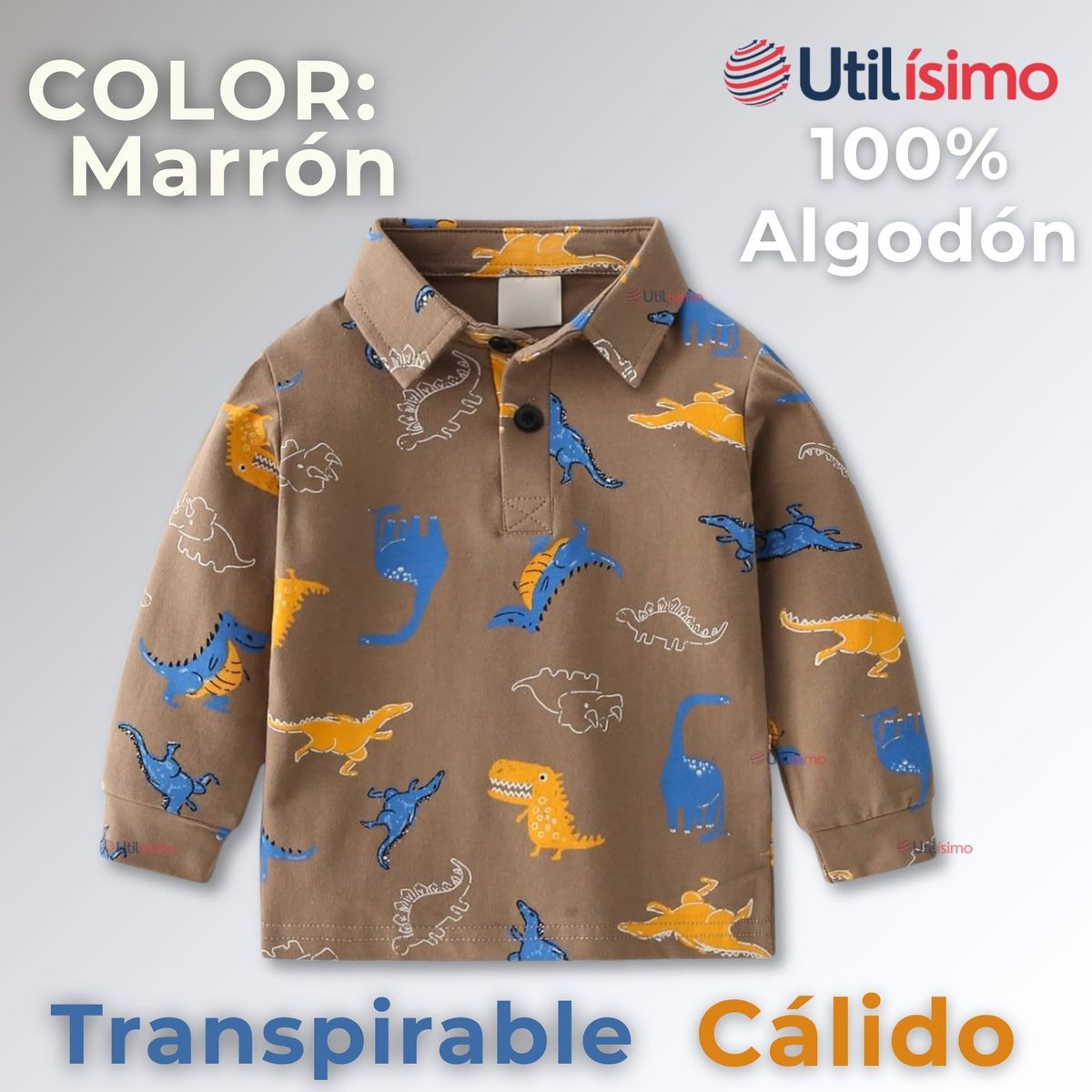 JUMP KIDS - Polera Piqué Manga Larga Niño Estampado Dinosaurios Marrón