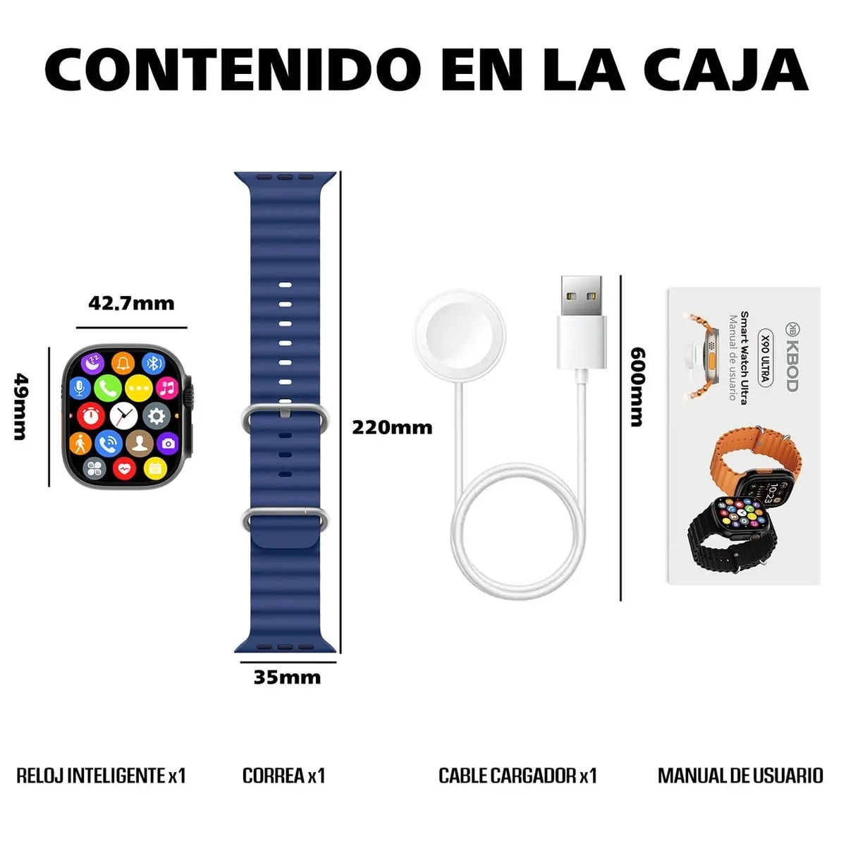 KBOD - Smart Watch Reloj Inteligente Bluetooth Kbod X90 Ultra Ip67 Negro Azul