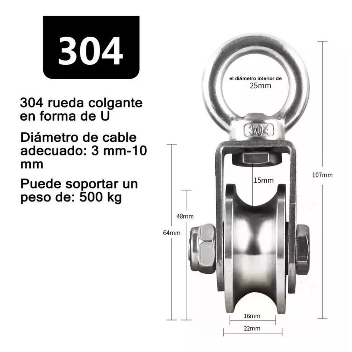 GENERICO - Polea De Cable De Acero Inoxidable Con Cáncamo De Elevación