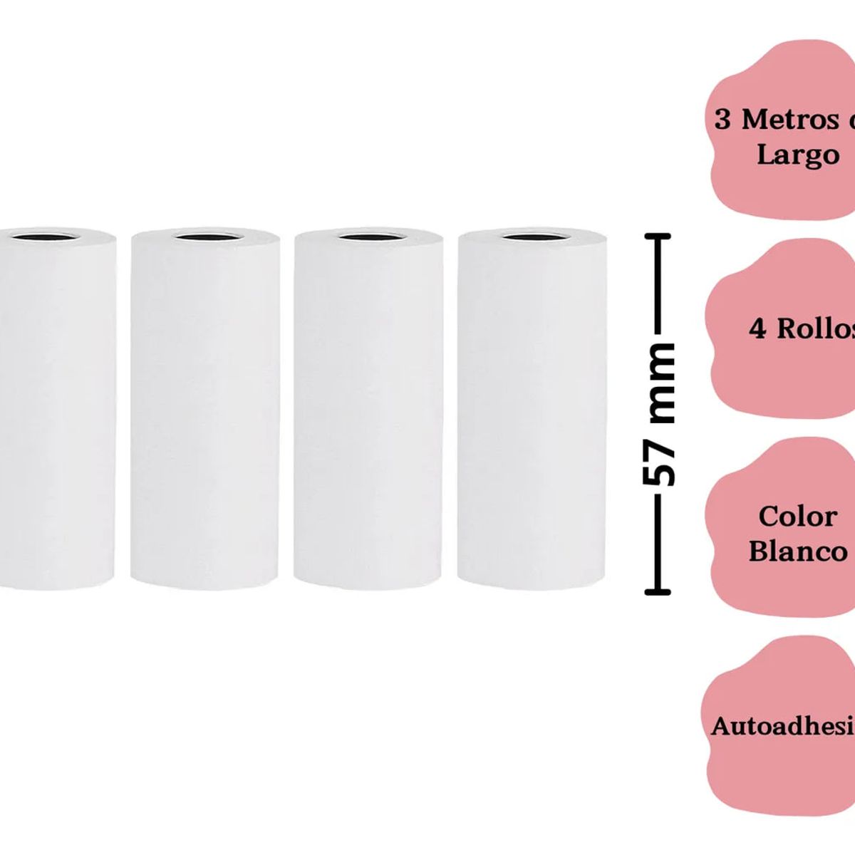 ADETEC - Pack 4 Rollos Termicos Blanco 57 mmX3 m Para Mini Impresoras