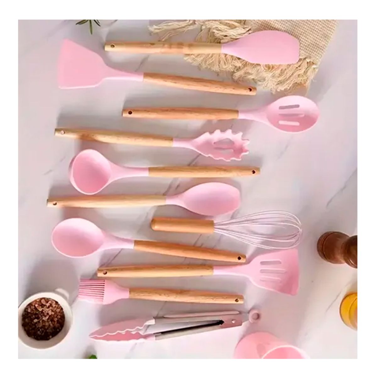 GENERICO - Set 12 Utensilios De Cocina Antiadherentes De Silicona Rosa