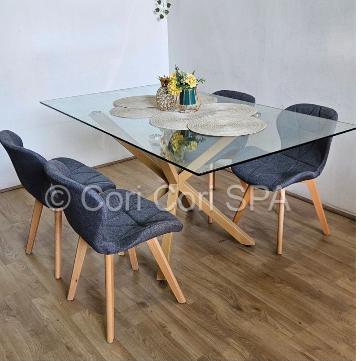 CORI CORI - Juego de Comedor Madrid 140x80cms + 4 Sillas Mariposa Lino Gris