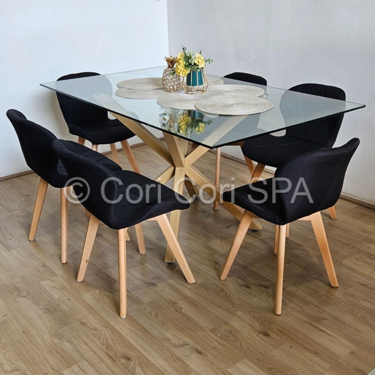 CORI CORI - Juego de Comedor Madrid 140x80cms + 6 Sillas Mariposa Lino Negro