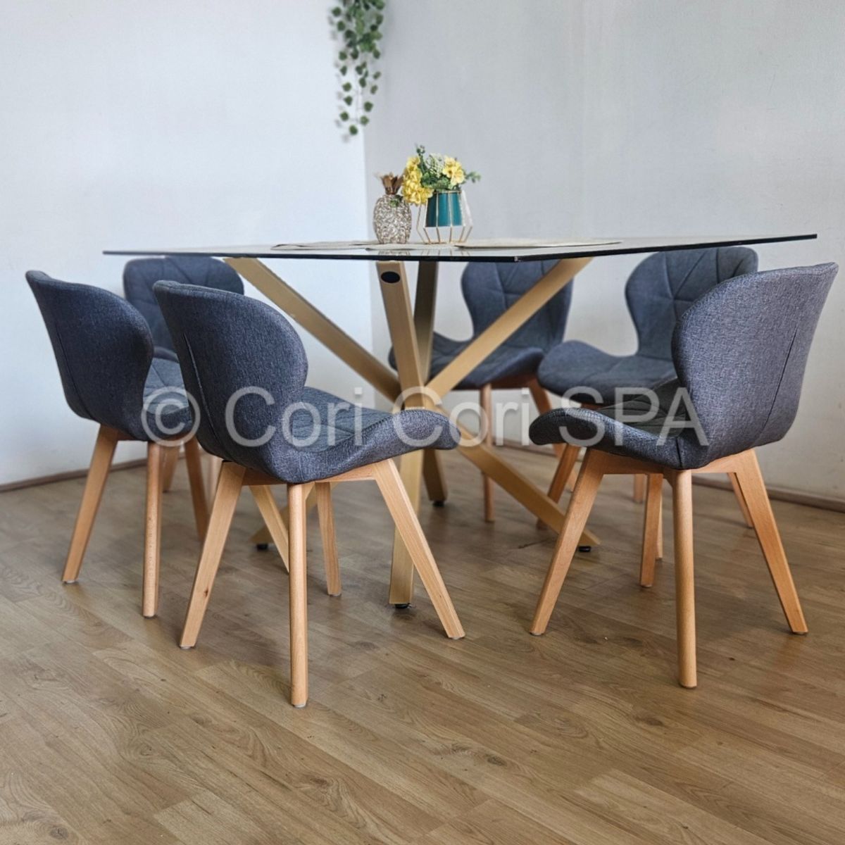 CORI CORI - Juego de Comedor Madrid 140x80cms + 6 Sillas Mariposa Lino Gris