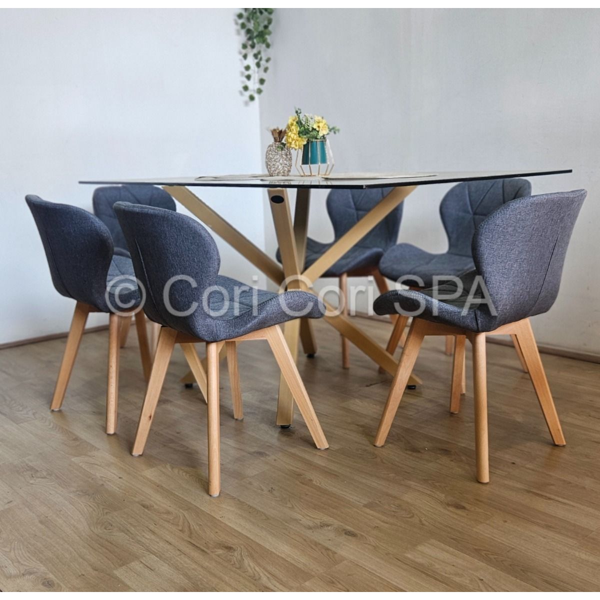 CORI CORI - Juego de Comedor Madrid 140x80cms + 6 Sillas Mariposa Lino Gris