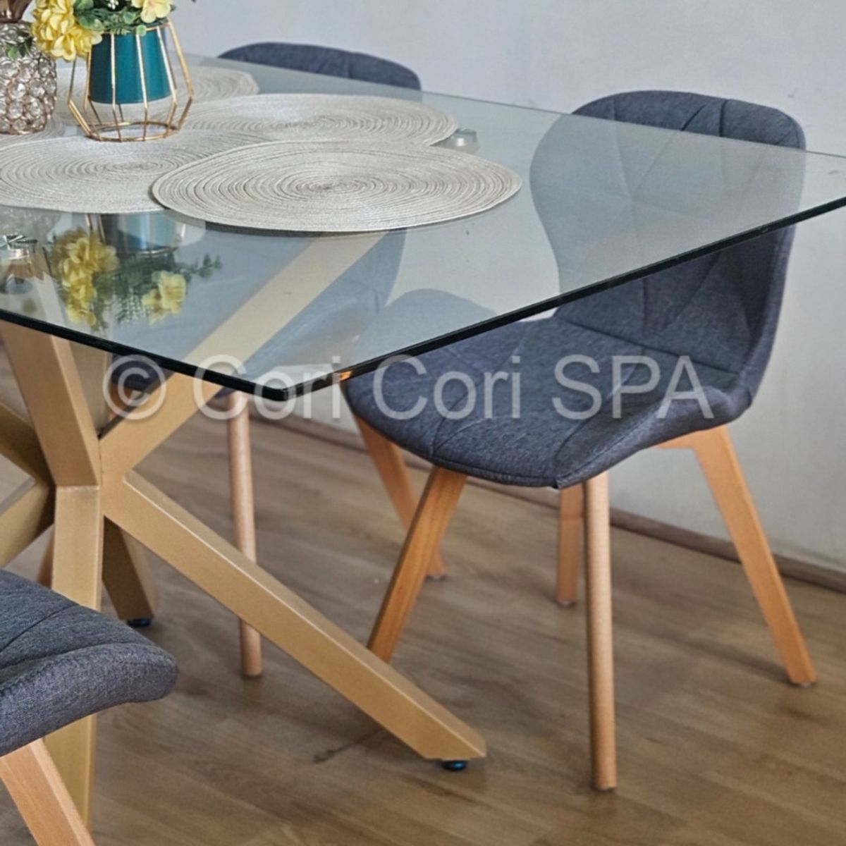 CORI CORI - Juego de Comedor Madrid 140x80cms + 6 Sillas Mariposa Lino Gris