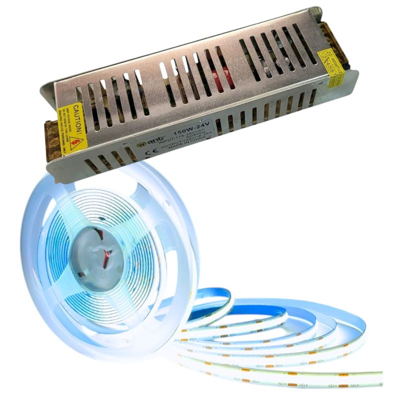 GENERICO - Cinta Led 24V COB Luz Fría 10 mts + Fuente De Poder 24V 150W