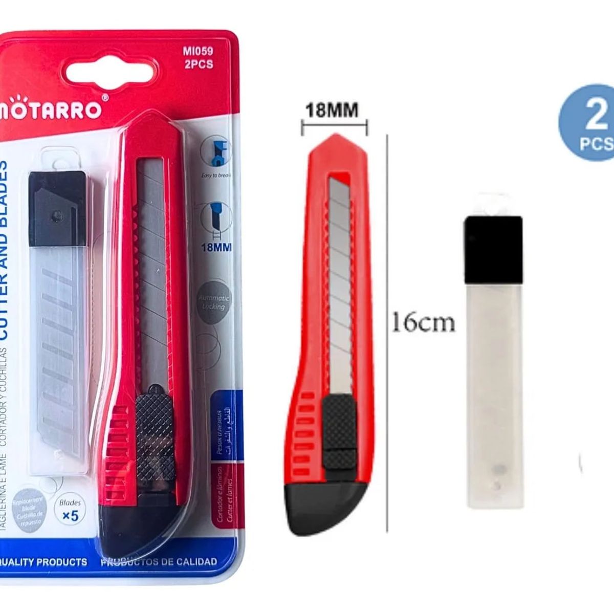 MOTARRO - Juego De Cutter Corta Cartón Rojo De 18 mm+Hojas Cambiables
