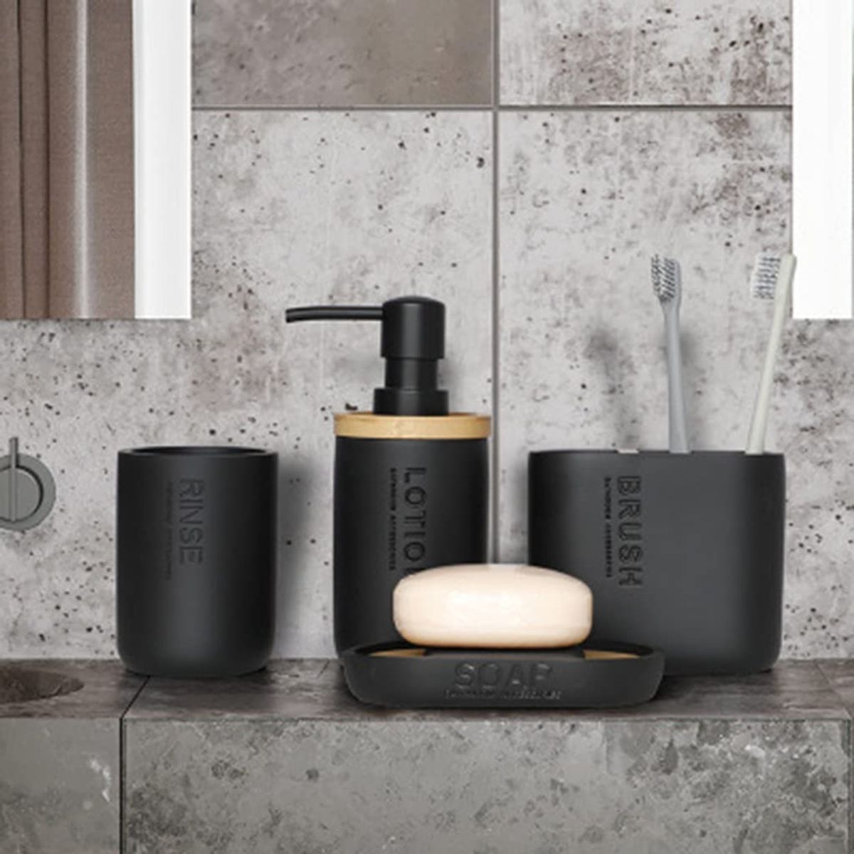 STRETTO - Set Accesorios De Baño Moderno 4 Piezas Resina Bambu Stretto