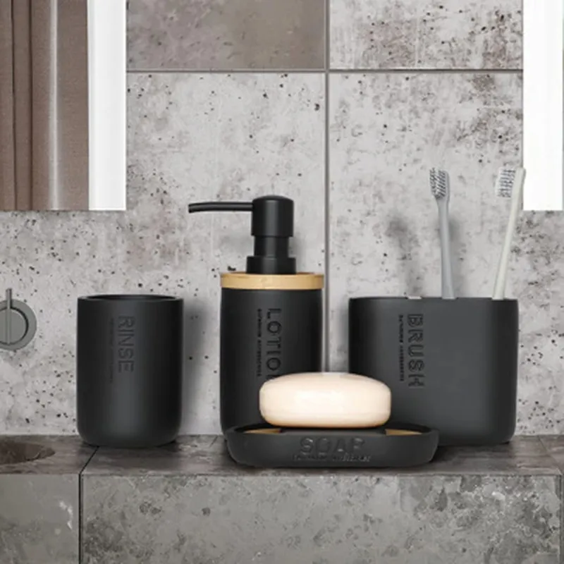 STRETTO - Set Accesorios De Baño Moderno 4 Piezas Resina Bambu Stretto