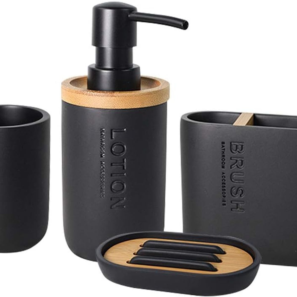 STRETTO - Set Accesorios De Baño Moderno 4 Piezas Resina Bambu Stretto