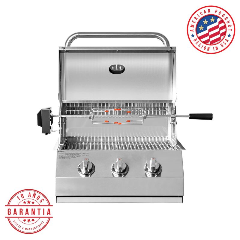 KING GRILL - Parrilla A gas Empotrada 3 Quemadores + Spiedo con Motor