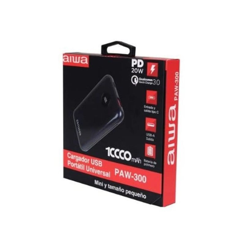 AIWA - Cargador Batería Externa Power Bank 10.000 Mah Aiwa Paw-300 Color Negro