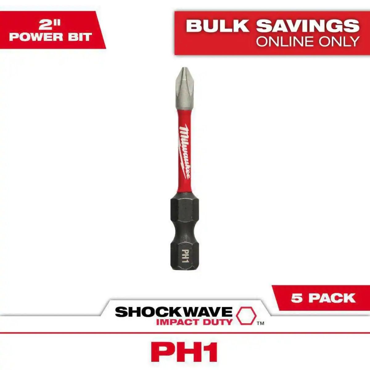 MILWAUKEE - Pack 5 Puntas Impacto Shockwave PH1 2" Milwaukee 48-32-4638