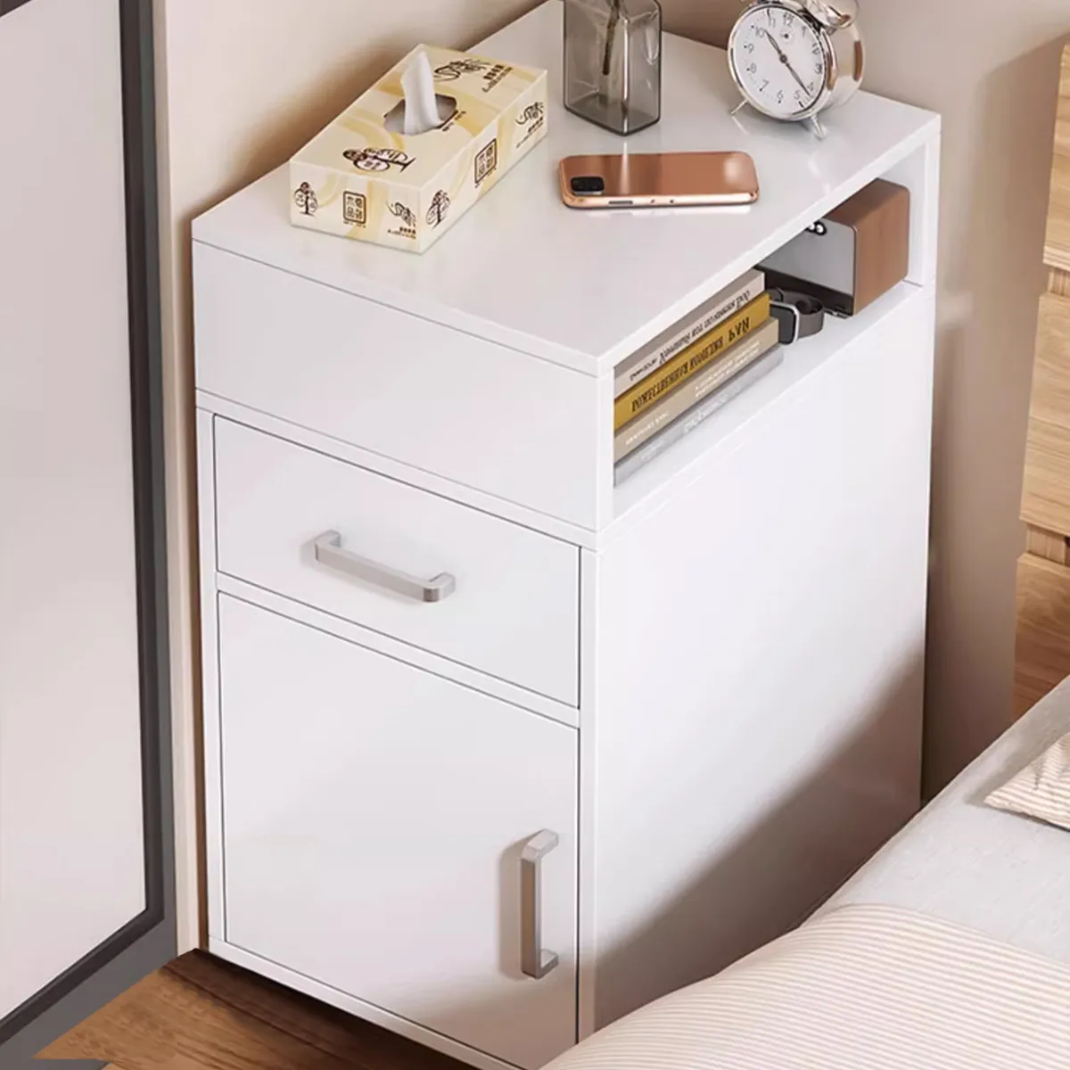 ROHE - Velador Blanco de Madera con Cajón Puerta y Estante Abierto 35x40x65cm