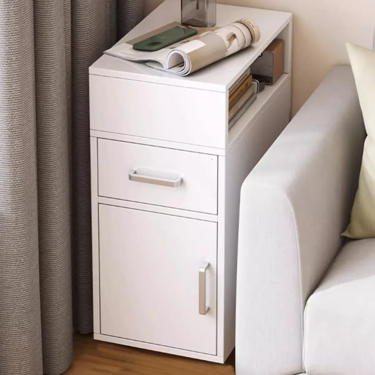 ROHE - Velador Blanco de Madera con Cajón Puerta y Estante Abierto 35x40x65cm