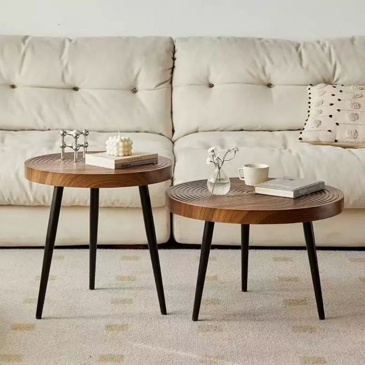 IDEEHOUSE - Juego Mesa De Centro Lateral Living Redonda Madera Marrón