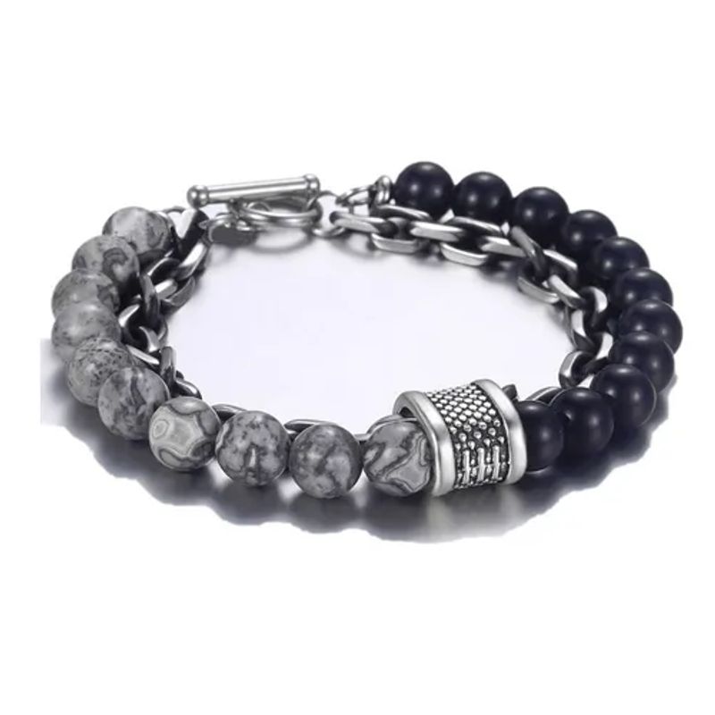 GENERICO - Pulsera Piedra Onix Acero Quirúrgico Doble Hombre Moda Royal madriz