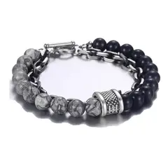 GENERICO - Pulsera Piedra Onix Acero Quirúrgico Doble Hombre Moda Royal madriz