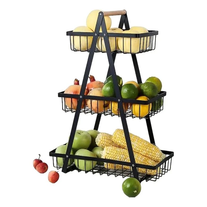 GENERICO - Organizador Cesta Frutas Vegetales Multiuso 3 Niveles Negro Negro