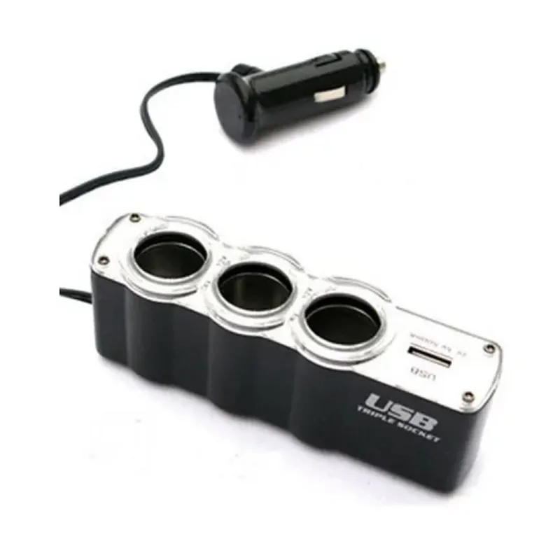 GENERICO - Adaptador Encendedor Para Auto 1 USB y 3 bocas de Encendedor
