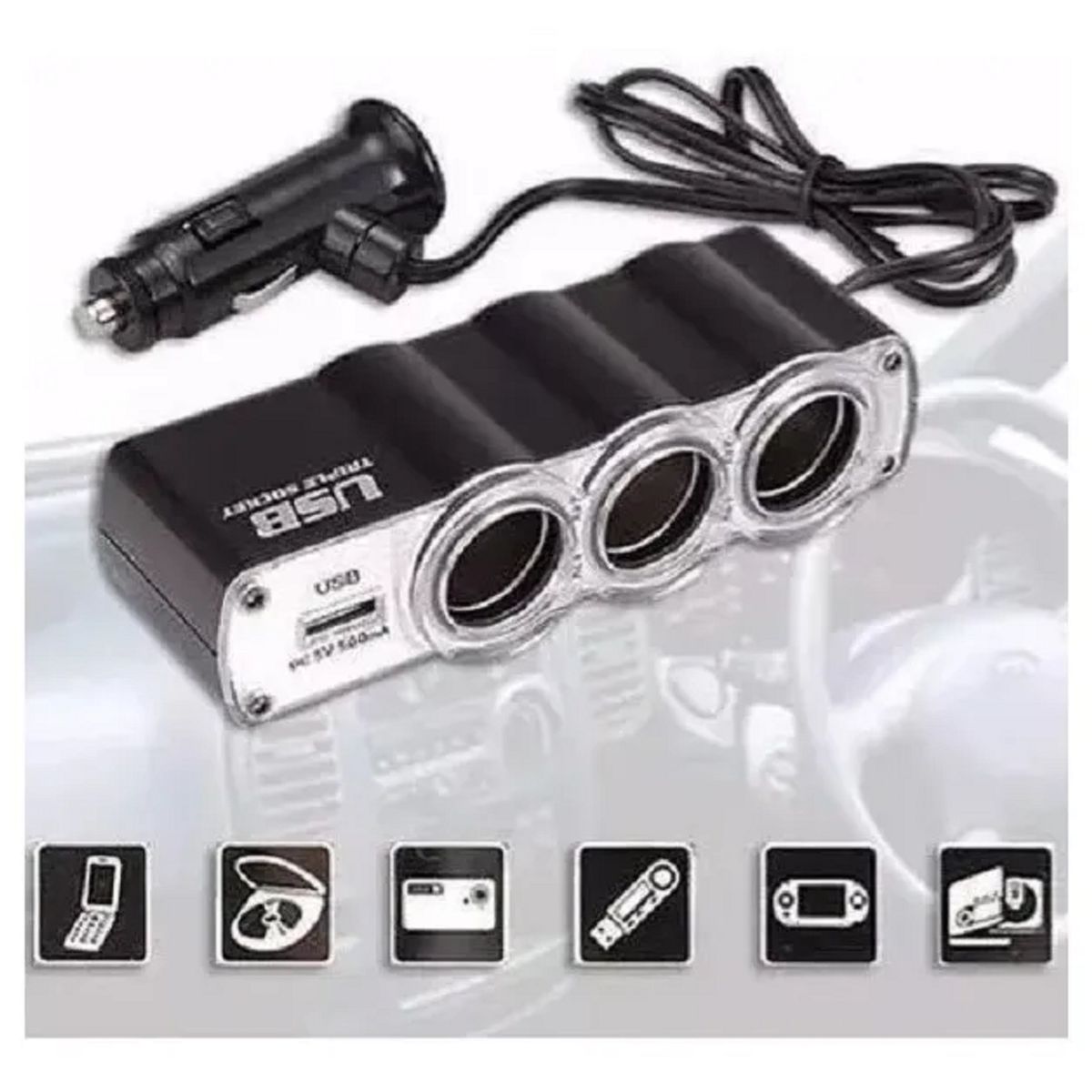 GENERICO - Adaptador Encendedor Para Auto 1 USB y 3 bocas de Encendedor