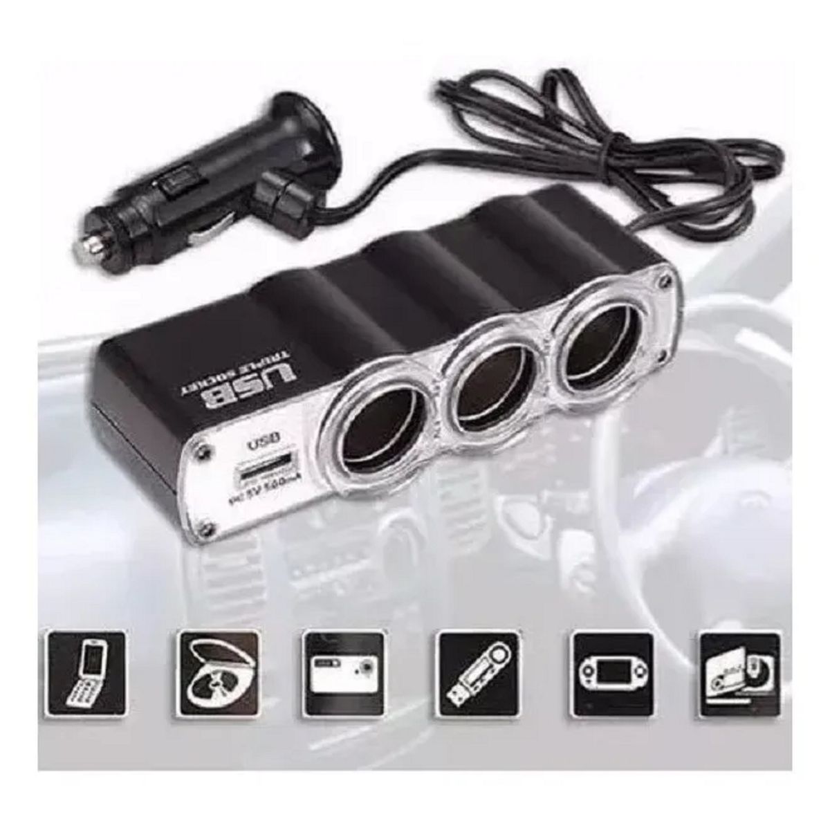 GENERICO - Adaptador Encendedor Para Auto 1 USB y 3 bocas de Encendedor