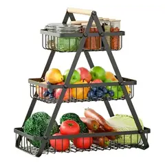 GENERICO - Organizador Multiuso 3 Niveles Cesta Frutas Vegetales Negro