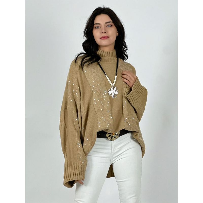 ENIGMATICA BOUTIQUE - Sweater Lana Detalles Lentejuelas - Café Claro