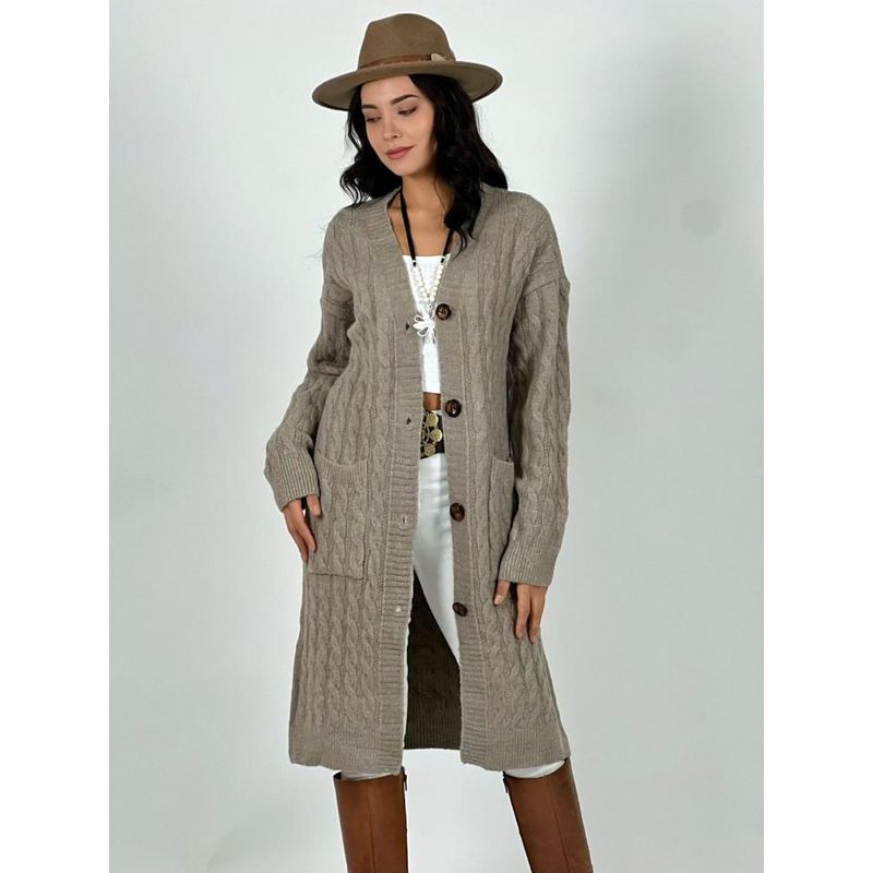 ENIGMATICA BOUTIQUE - Chaleco Largo de Lana Trenzado - Café