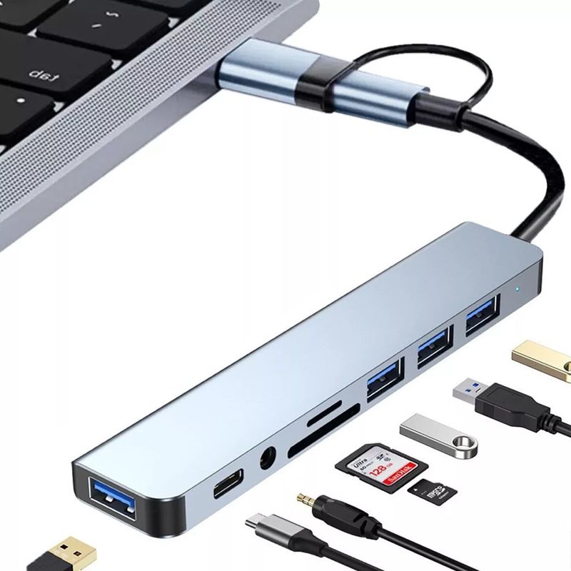 GENERICO - Adaptador Multipuerto Hub Tipo C 8 En 1 Usb 20 Y 30 Sd Td