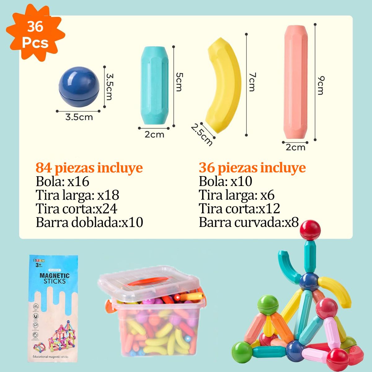 GENERICO - Magnetic Sticks Bloques Para Armar Magnéticos 36 Piezas