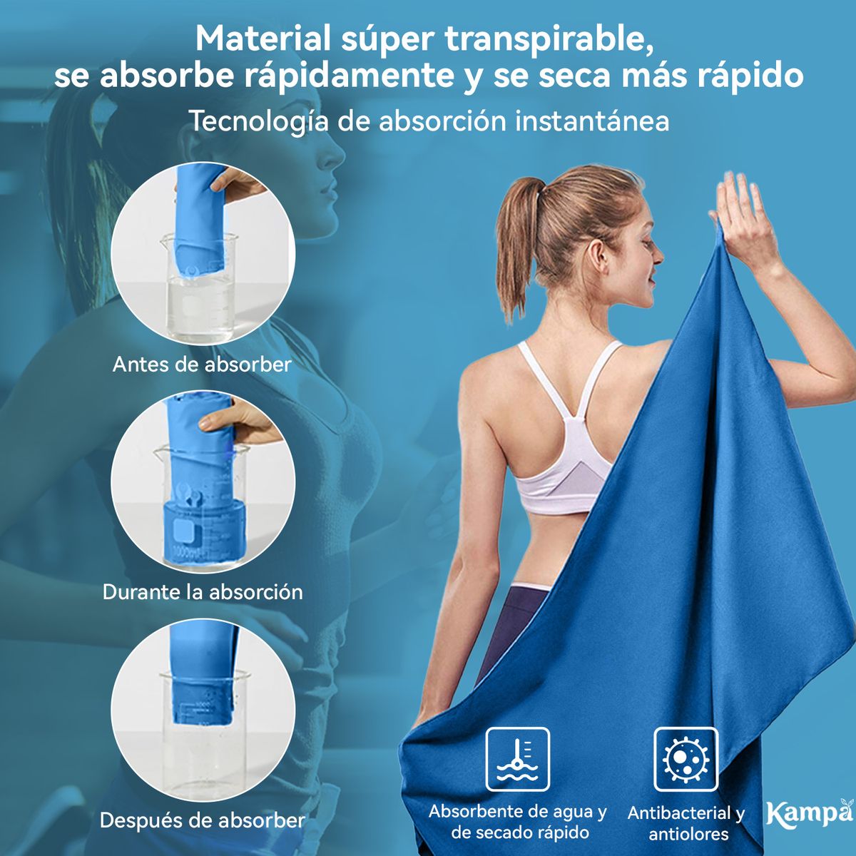 REBONEC - Toalla Microfibra 3pcs Secado Rápido Baño Viaje Deporte Azul